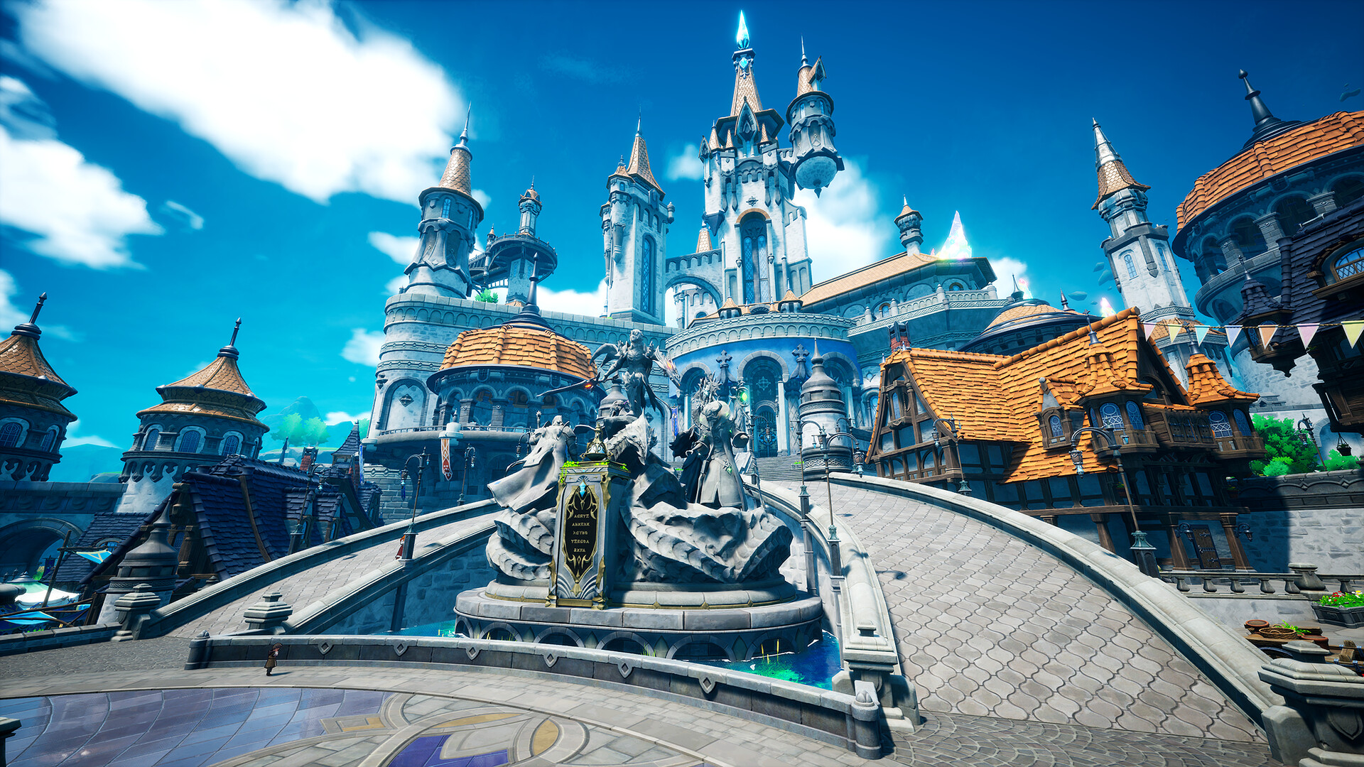 DragonSword Awakening royal plaza hub — a sunlit stone square with fountains and market stalls