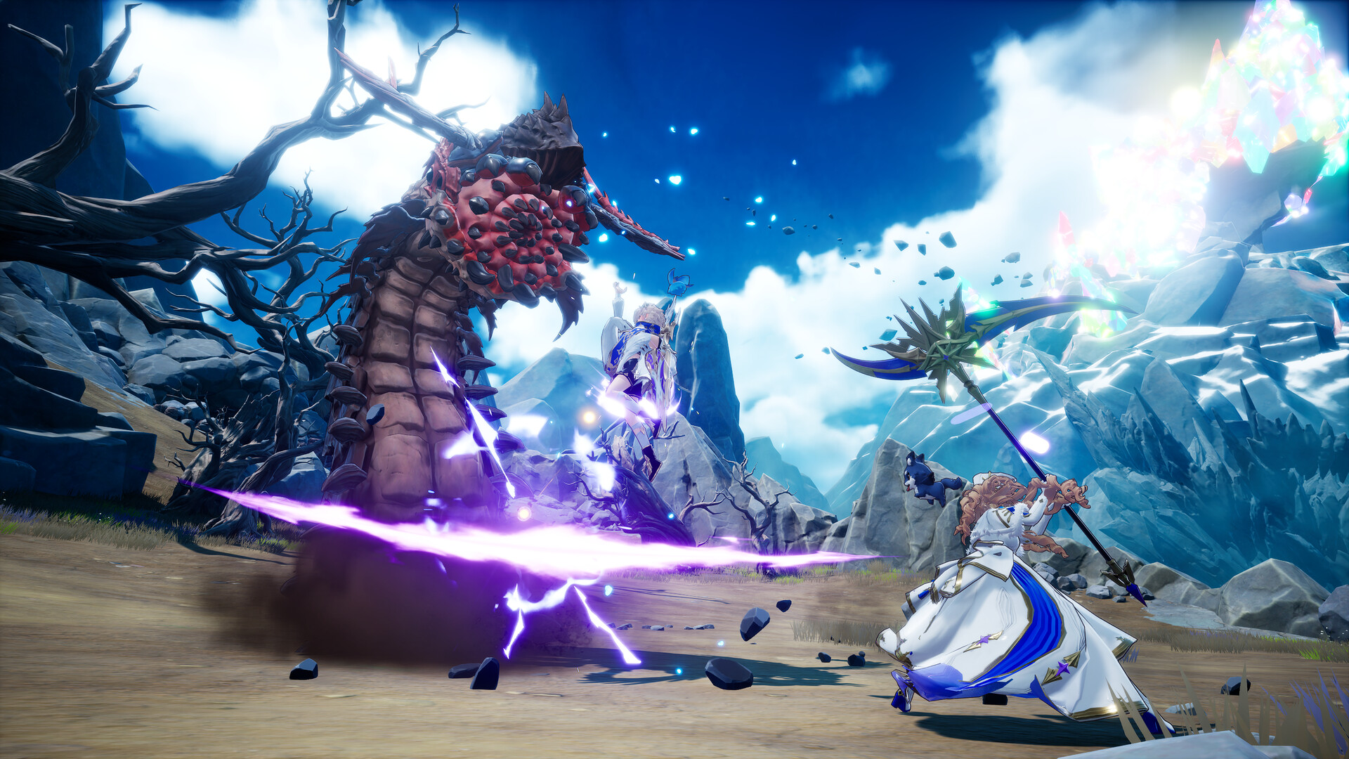 Giant worm boss battle in the DragonSword Awakening wilderness — a mage leaps with a star-blade