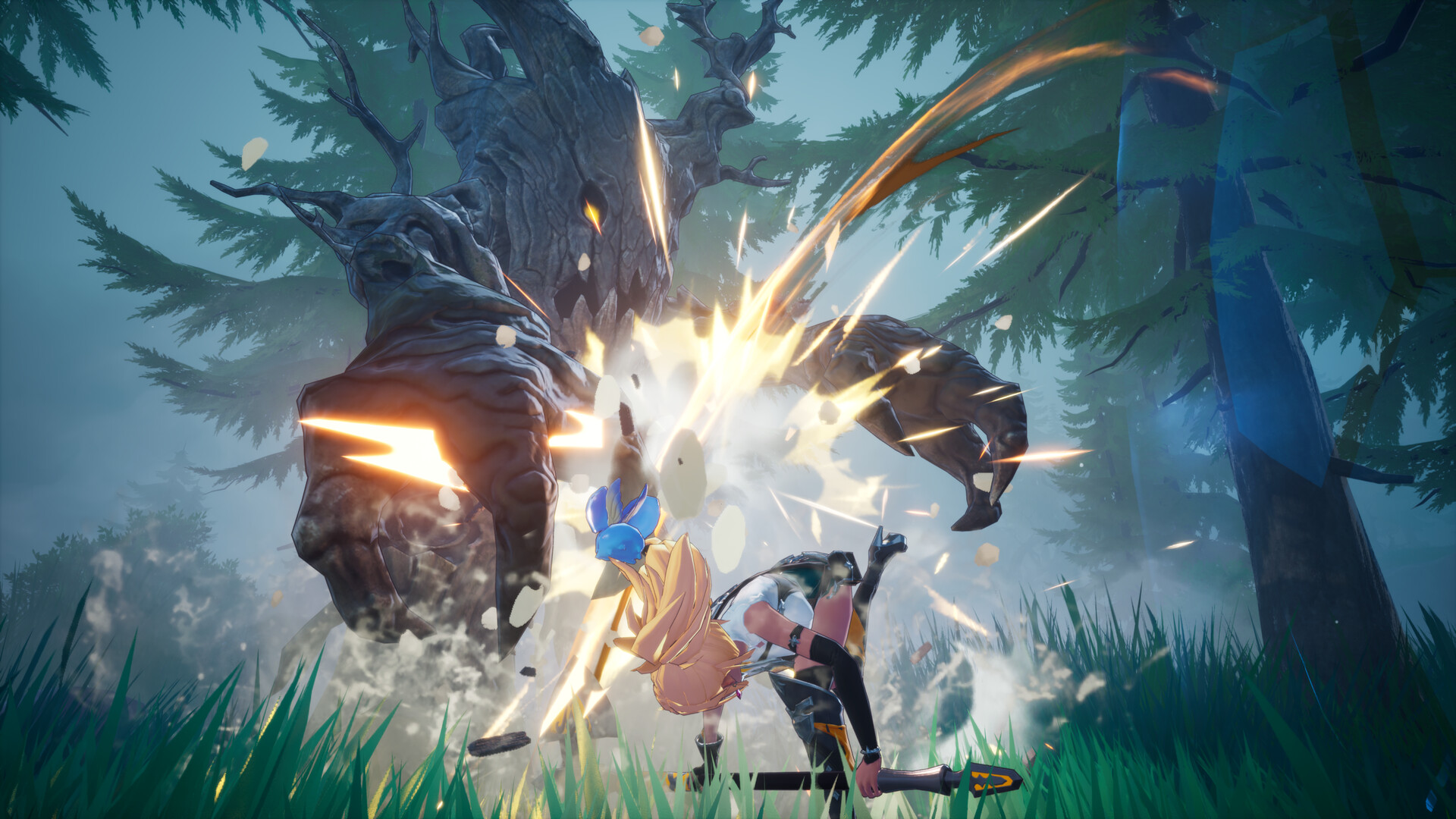 Treant boss fight in a misty pine forest — the heroine strikes with a heavy blow