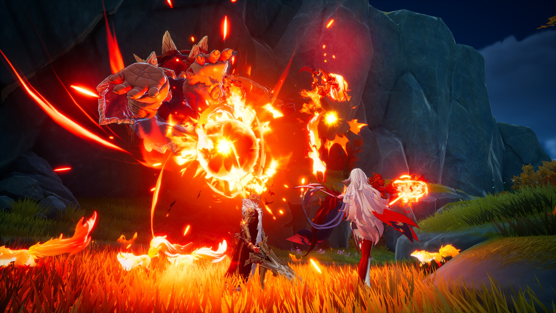 Dual heroes unleash a firestorm explosion against a blazing fire boss at dusk