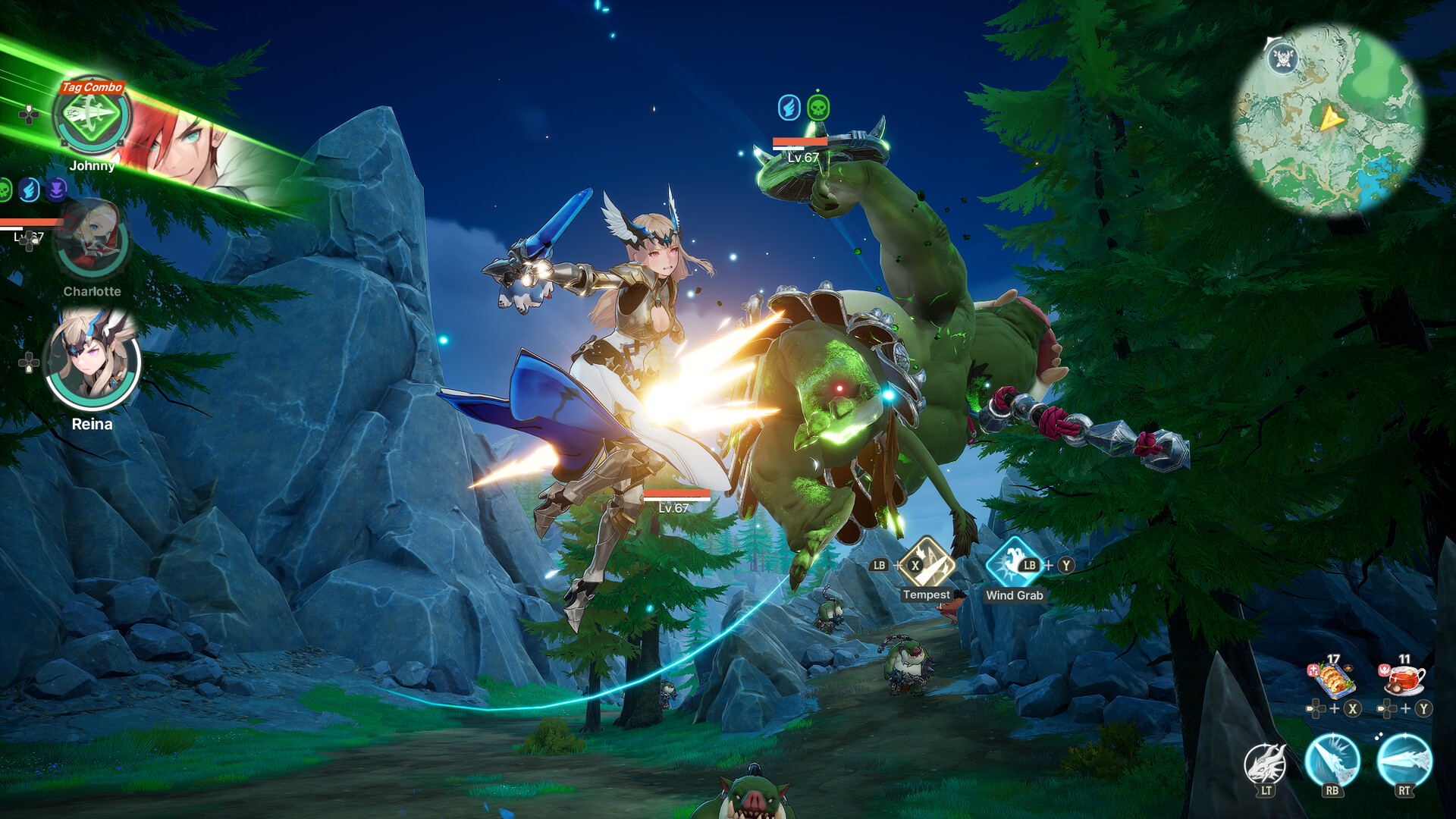 Reina battles a giant forest colossus at night — aerial sword combat with full HUD visible