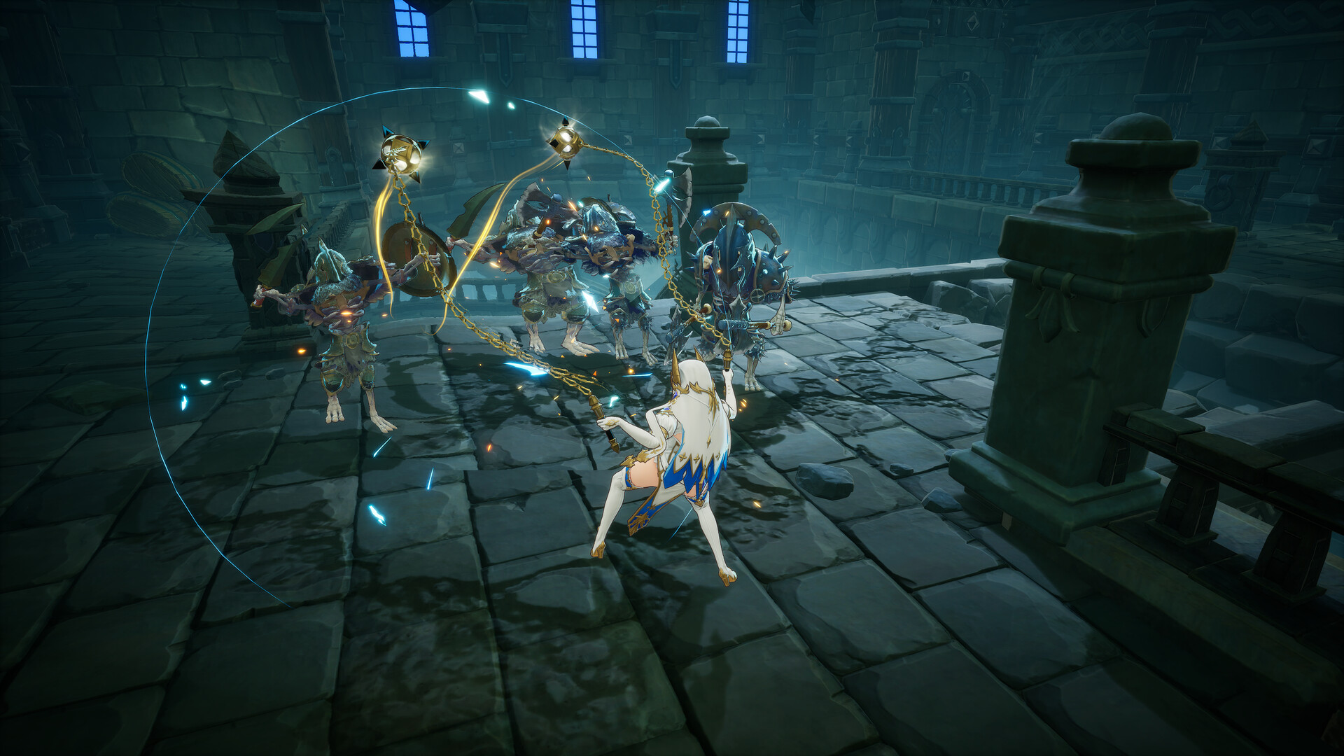 White-haired heroine whirls a chained flail at armored monsters in a dark stone dungeon hall